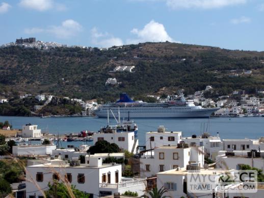 a cruise ship in Skala port on Patmos