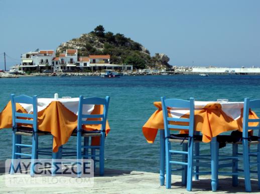 Harbourside taverna tables in Kokkari on Samos
