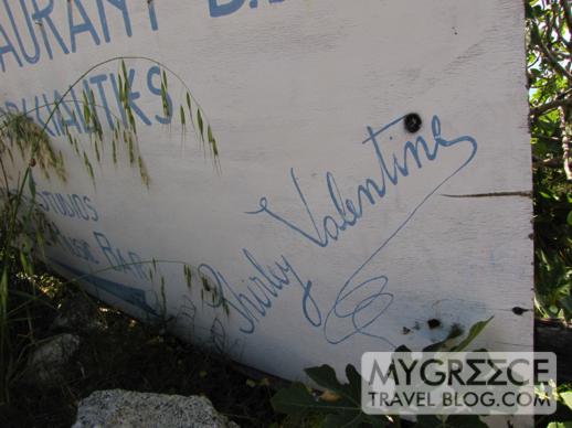 Shirley Valentine sign above Agios Ioannis beach Mykonos
