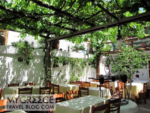 a vine covered restaurant terrace in Mykonos Town