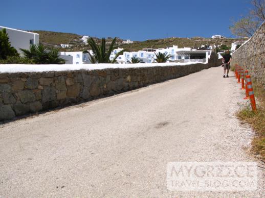 the long road down the hill to Ag Ioannis beach on Mykonos
