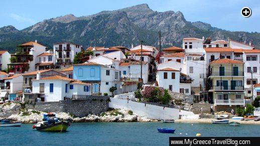 Buildings along the harbourfront at Kokkari village on Samos