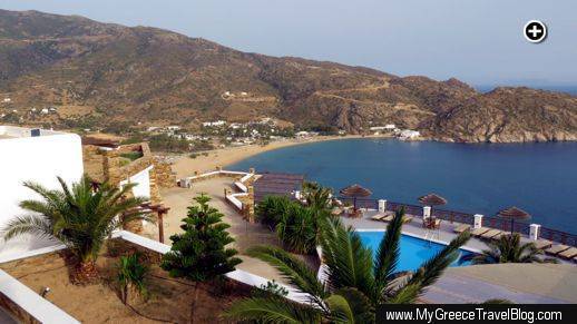 The terrace for Katerina Hotel's Room 7 boasts this marvellous view of Mylopotas beach on Ios