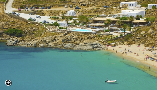 Aerial view of the new Jackie O' Beach Club at Super Paradise beach on Mykonos