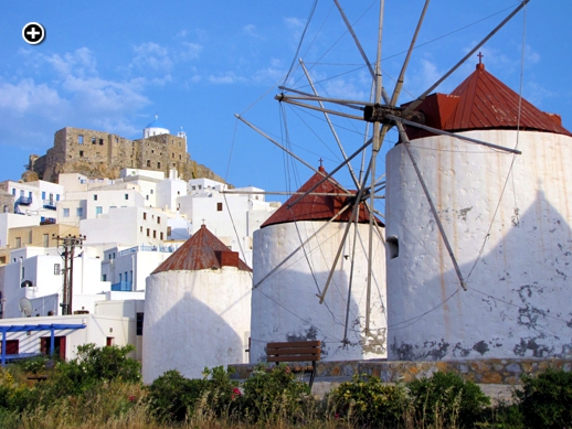 Windmills and the Venetian Castle at Chora on Astipalea island