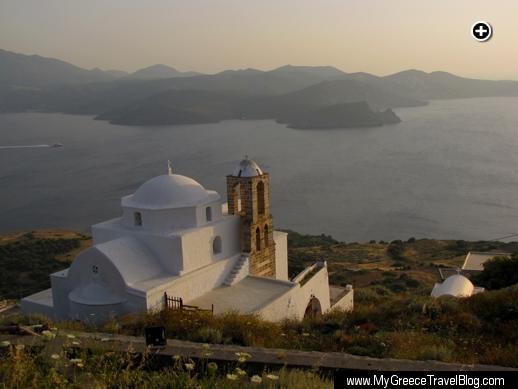 A sunset view of Thalassitra Church and the Gulf of Milos