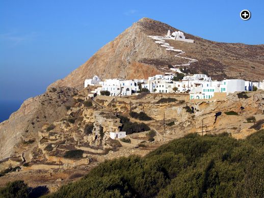 The Panaghia (Church of Our Lady) is perched high above Chora village on Folegandros