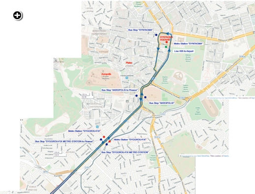 Map of bus stops in Central Athens for the new X80 express route