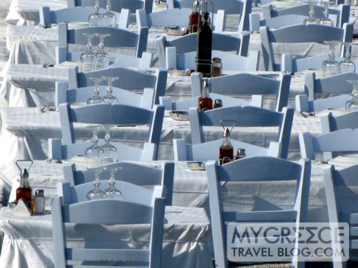 tables at a seaside taverna at Little Venice