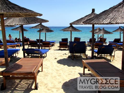 Sunbeds on Platis Gialos beach on Mykonos