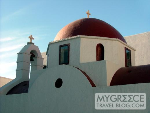 a red domed church in Mykonos Town