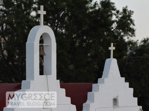 churches above Agios Sostis beach Mykonos 