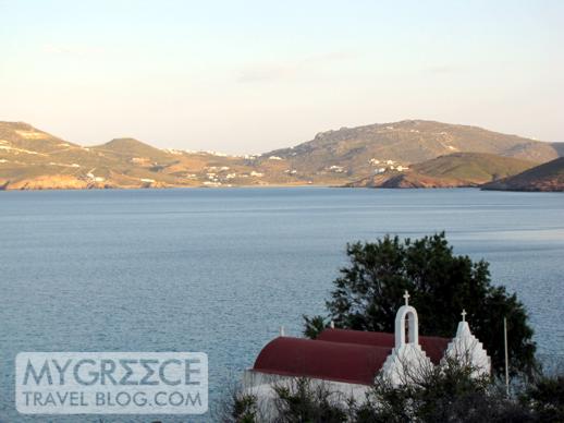 churches above Agios Sostis beach Mykonos 