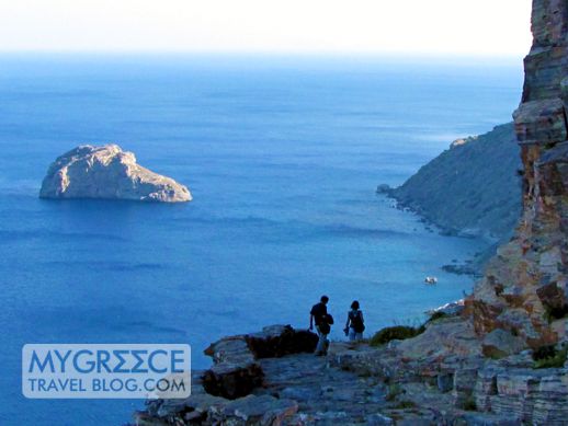 tourists on the Amorgos monastery pathway