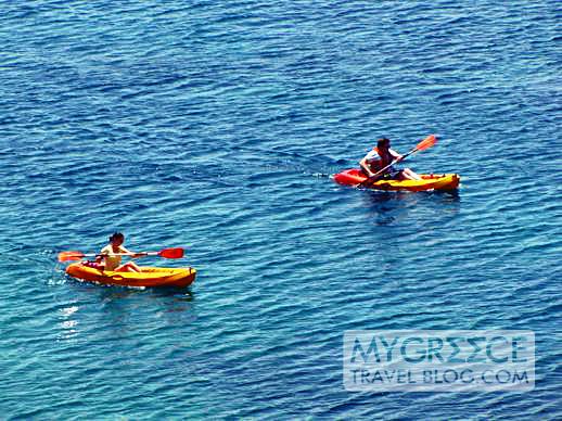 two kayakers in Kolitsani Bay on Ios