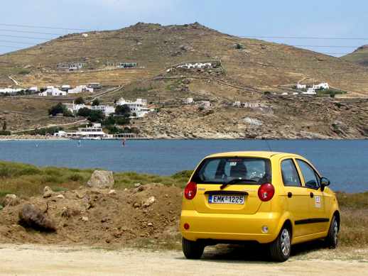 a car near Kalafatis beach on Mykonos island 