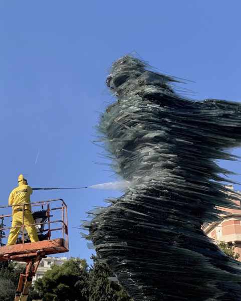 Costas Varotsos photo of his Dromeas sculpture being cleaned