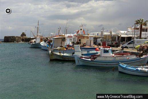 Fishing boats docked near the Venetian fortress at Naoussa harbour