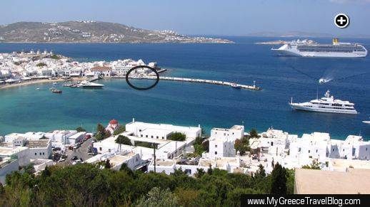 A view of the Mykonos Old Port. The Delos island ferries depart from and return to the quay in the center of the photo.