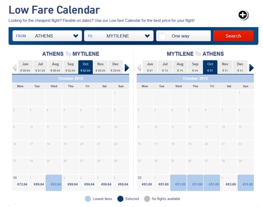 Screenshot of Aegean Airlines fares for flights between Athens and Lesvos island