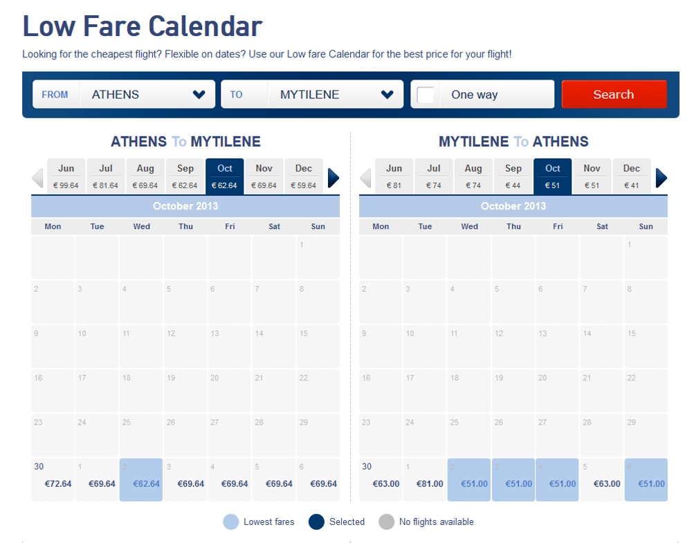 Aegean Airlines low fare calendar