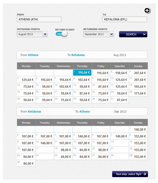 Screenshot of Olympic Air low fare calendar prices for Athens to Kefalonia flights