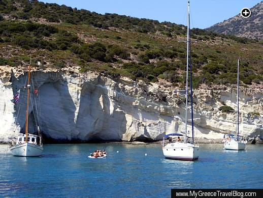 Excursion sailboats anchored at Kleftiko on the southwest coast of Milos