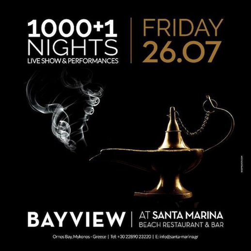 1000+1 Nights event promotional poster for BayView Beach Restaurant & Bar at the Santa Marina resort Mykonos