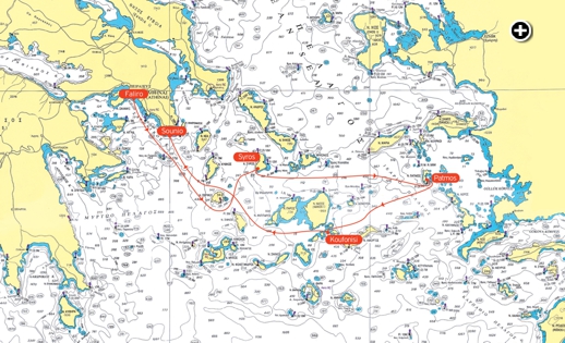 This map shows the course competitors will follow through the Cyclades during the next 10 days