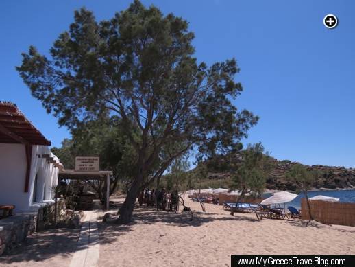 Side view of Nikolas Taverna and its beachfront at Agia Anna Mykonos