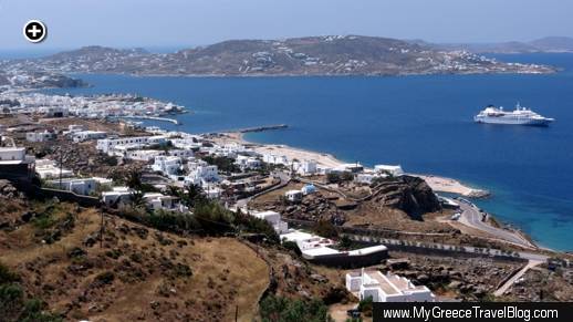 A view of Mykonos Town, the Mykonos Old Port area, and the island's Tagoo district
