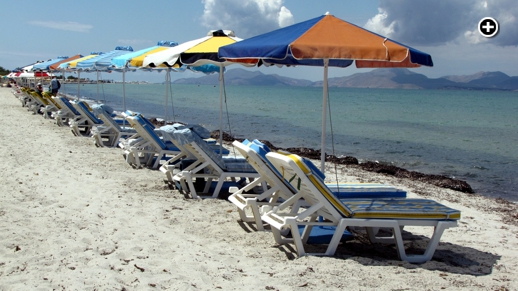 Sunbeds on a beach near the Tigaki resort area of Kos island