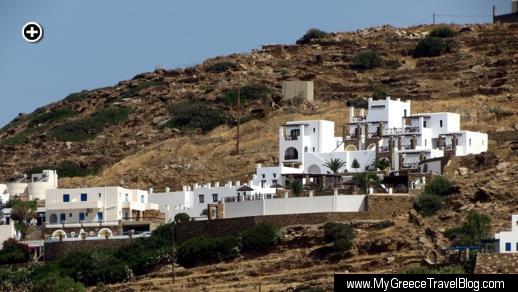 Telephoto view of Katerina Hotel from the far side of Mylopotas Bay on Ios