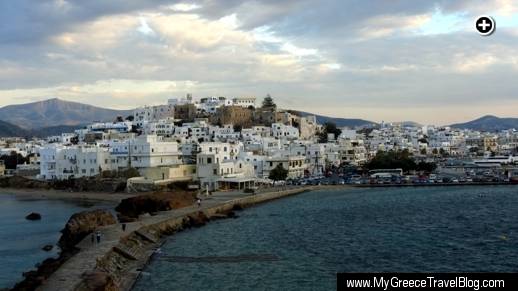 A view of Naxos Town from the Palatia peninsula on which the Portara monument is located