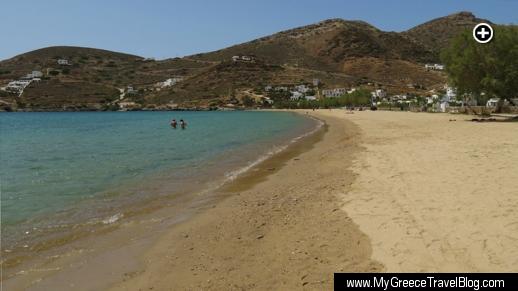 Looking across the golden sand beach at Gialos, the port village on Ios island