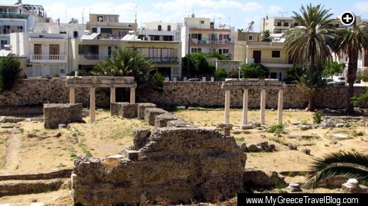 Houses overlook an historic archaeological site in the center of Kos Town on Kos island