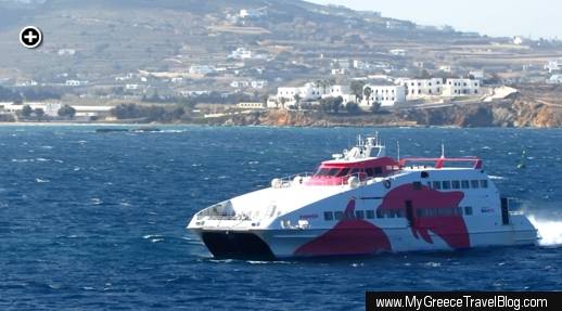 The Seajets SuperJet ferry approaches port at the town of Parikia on Paros