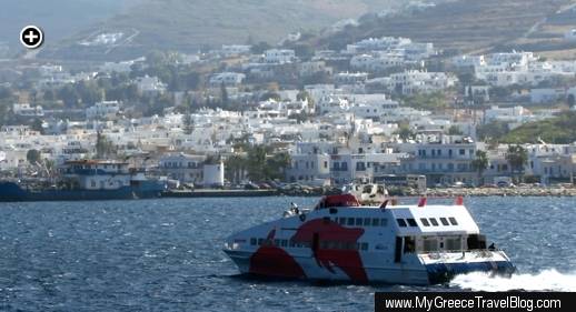 The Seajets SuperJet ferry approached the port at Parikia on Paros