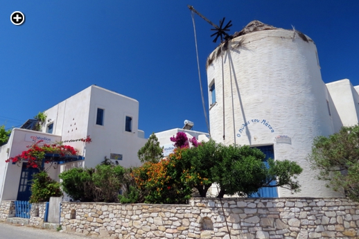 Street view of the Matsas Windmill and adjacent hotel buildings at Epi Studios