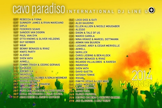 Cavo Paradiso Mykonos summer 2014 DJ lineup (as of July 27 2014)