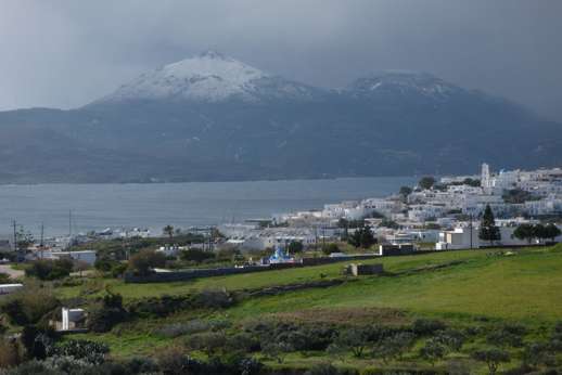 Sea Kayak Milos Facebook photo of snowy mountain peaks on western Milos