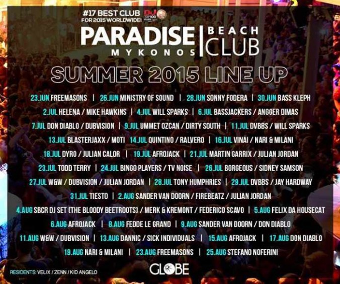 Paradise Beach Club Mykonos DJ lineup for summer 2015