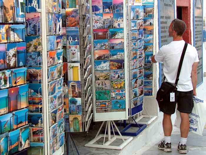 postcard racks on Santorini