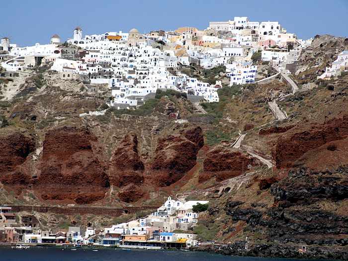 Oia village (top) and Amoudi Bay on Santorini