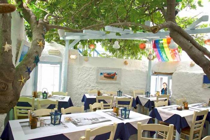 Outdoor dining terrace at Kounelas Fish Taverna Mykonos