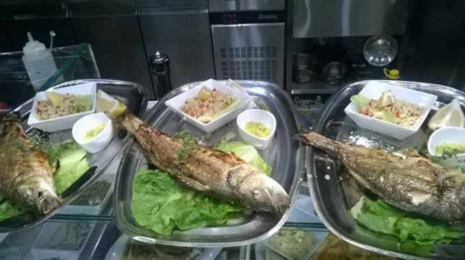 Catch of the day with salad from Seafood Ideas restaurant at Food Mall Mykonos