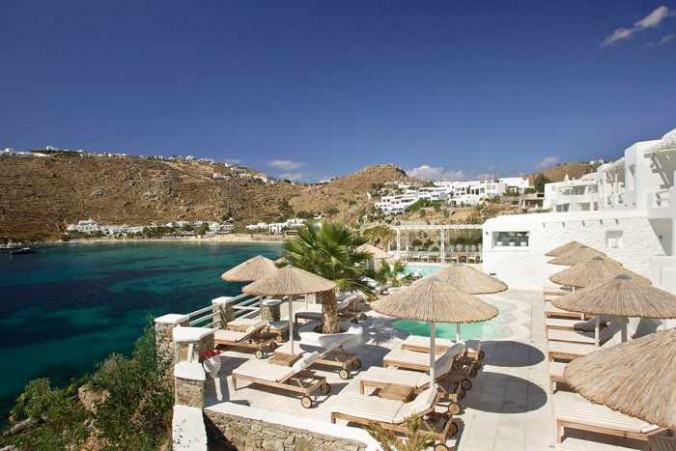 Nissaki Boutique Hotel Mykonos Facebook page photo of its pool view of Psarou beach and bay