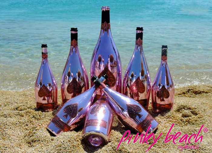 Armand de Brignac champagne bottles at Pinky Beach Mykonos