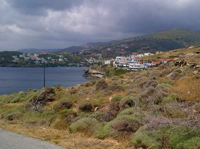 stormclouds above the Batsi  resort area of Andros