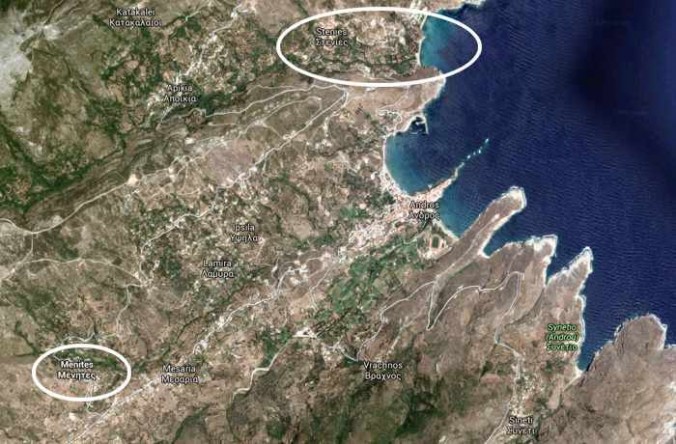 Google Map view of Stenies and Menites on Andros